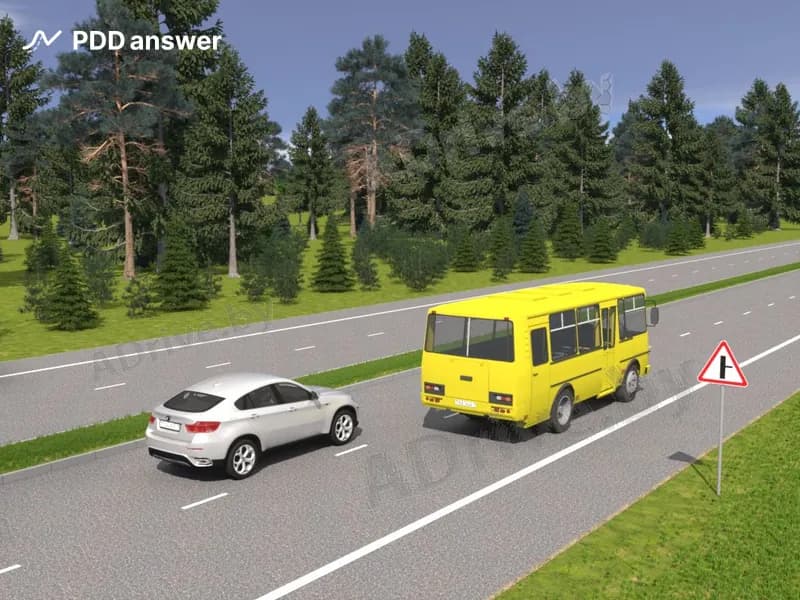 Водитель белого легкового автомобиля, завершив опережение автобуса, должен двигаться по дороге, на которой отсутствуют дорожные знаки, запрещающие движение велосипедистов, всадников и гужевого транспорта: