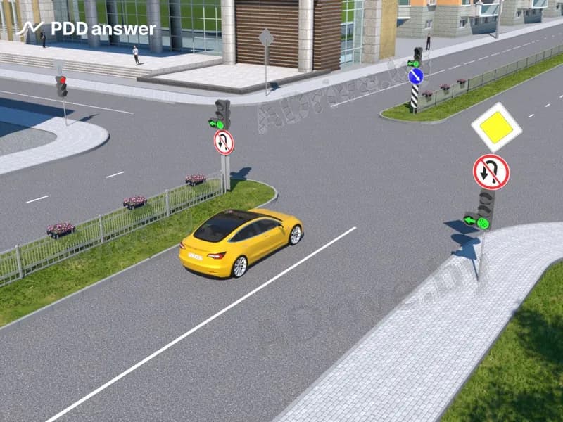 В каких направлениях разрешено продолжить движение водителю легкового автомобиля в показанной ситуации?