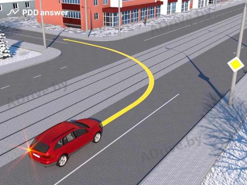 Нарушит ли Правила дорожного движения водитель красного автомобиля, выполнив поворот налево по траектории, показанной на рисунке (при отсутствии попутных трамваев)?