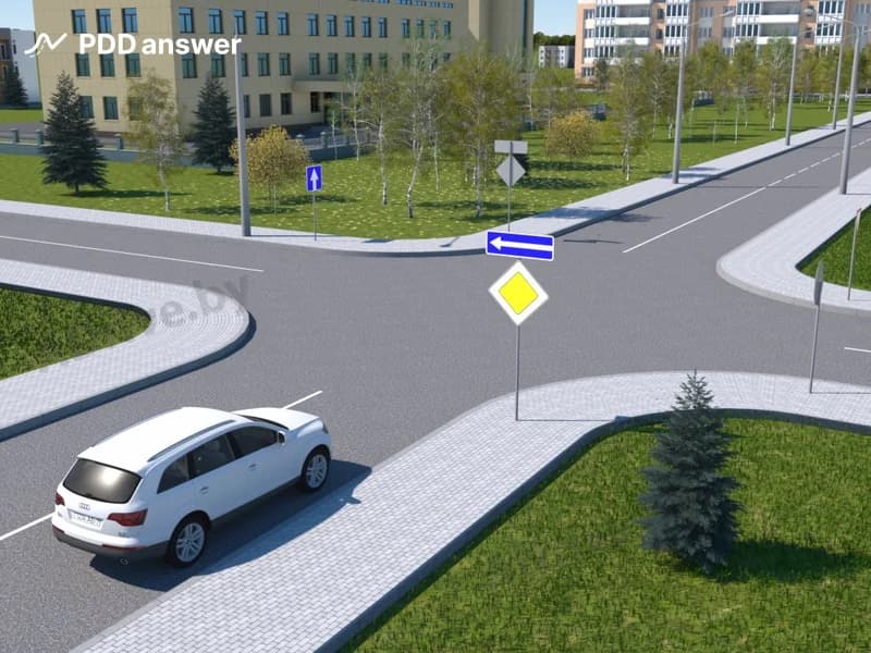 В каких направлениях разрешено продолжить движение водителю белого легкового автомобиля в показанной ситуации?