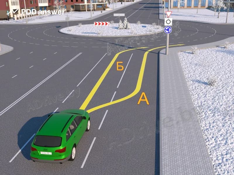 По какой траектории водителю зелёного автомобиля разрешается выехать на перекрёсток, на котором организовано круговое движение?