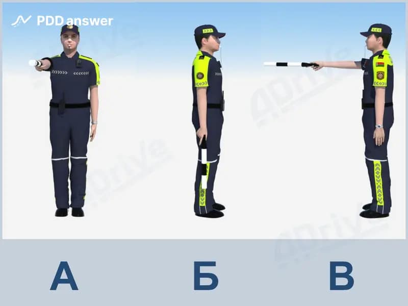 Какие из показанных сигналов регулировщика, учитывая его положение, не запрещают транспортным средствам (за исключением трамваев) поворот направо?