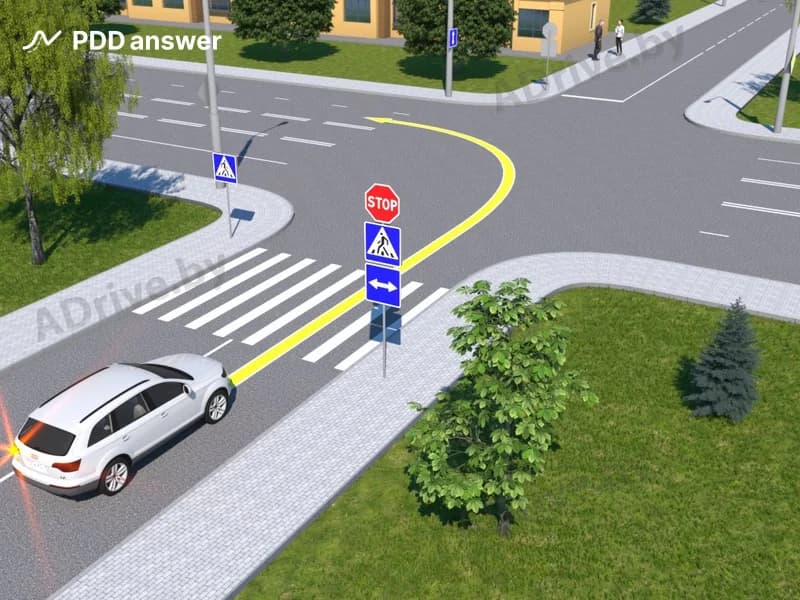 Нарушит ли Правила дорожного движения водитель белого автомобиля, повернув налево по траектории, обозначенной на рисунке?