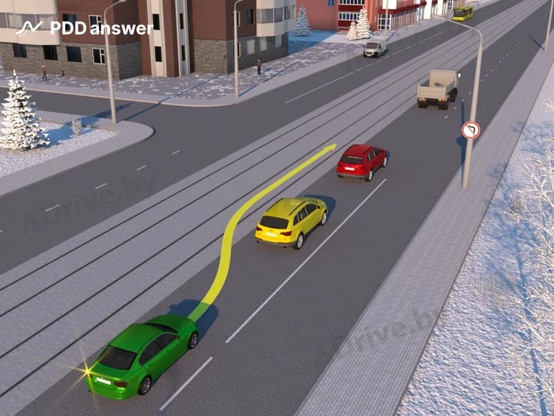 Разрешается ли водителю зелёного автомобиля произвести опережение по траектории, показанной на рисунке?