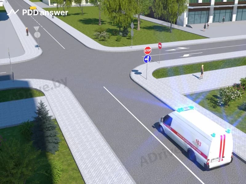 В каких направлениях разрешено продолжить движение водителю автомобиля скорой медицинской помощи на ближайшем перекрёстке?