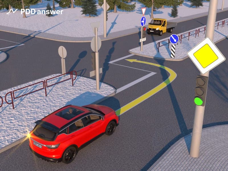 Как должен поступить водитель легкового автомобиля, намереваясь повернуть налево, в показанной ситуации?