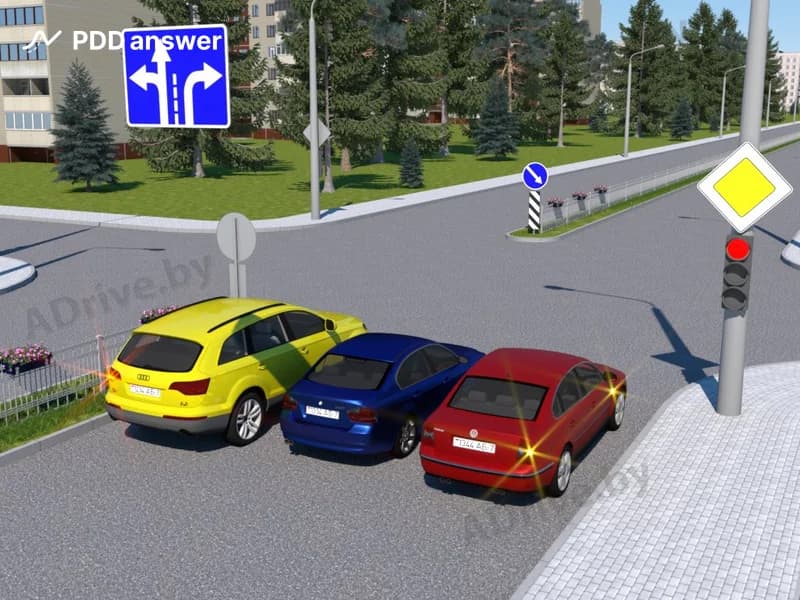 Нарушил ли Правила дорожного движения водитель синего легкового автомобиля, заняв показанное положение на проезжей части дороги для движения прямо на перекрёстке?