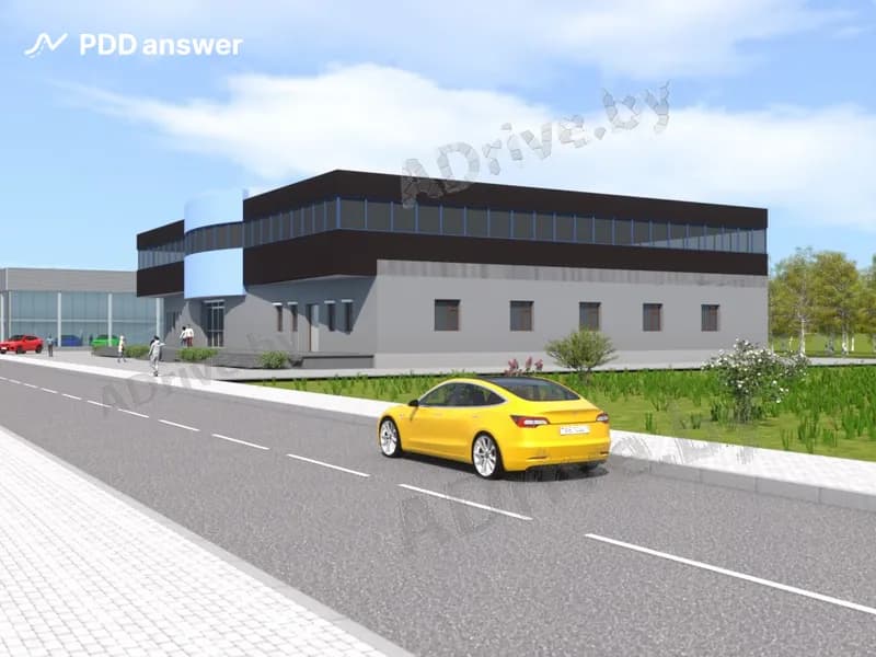 Водитель жёлтого автомобиля совершил вынужденную остановку у правого края проезжей части дороги. Должен ли он в показанной ситуации включить аварийную световую сигнализацию и выставить знак аварийной остановки?