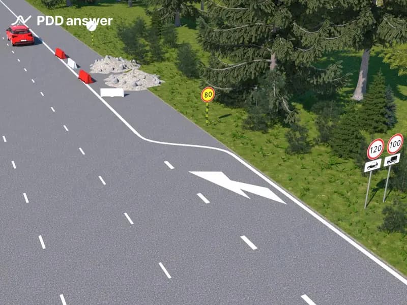 С какой максимальной скоростью разрешено продолжить движение водителю красного легкового автомобиля в показанной ситуации вне населённого пункта по дороге, на которую не распространяются требования, установленные для движения по автомагистралям и дорогам для автомобилей?