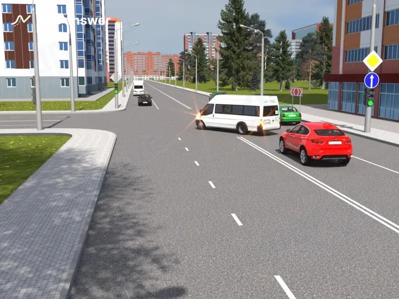 Водитель автобуса, движущегося в экспрессном сообщении по установленному маршруту, создал препятствие красному легковому автомобилю, водитель которого намерен продолжать двигаться прямо. Как должен поступить водитель автобуса?