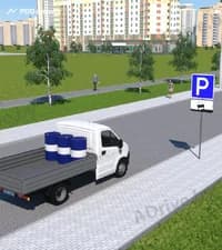 Разрешено ли водителю грузового автомобиля с технически допустимой общей массой не более 3.5 тонны за дорожным знаком совершить остановку или стоянку в показанной ситуации?