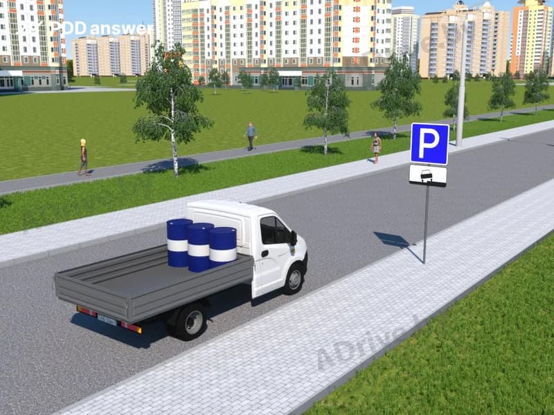 Разрешено ли водителю грузового автомобиля с технически допустимой общей массой не более 3.5 тонны за дорожным знаком совершить остановку или стоянку в показанной ситуации?