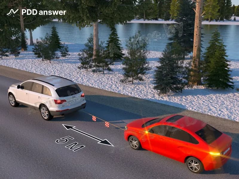 Соответствует ли расстояние между буксирующим и буксируемым транспортными средствами разрешённому Правилами дорожного движения для такого способа буксировки?