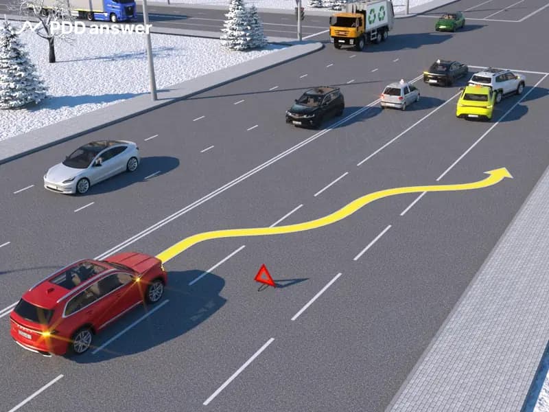 Разрешено ли перестроиться в показанной ситуации водителю красного легкового автомобиля на участке между выставленным знаком аварийной остановки и столкнувшимися автомобилями?