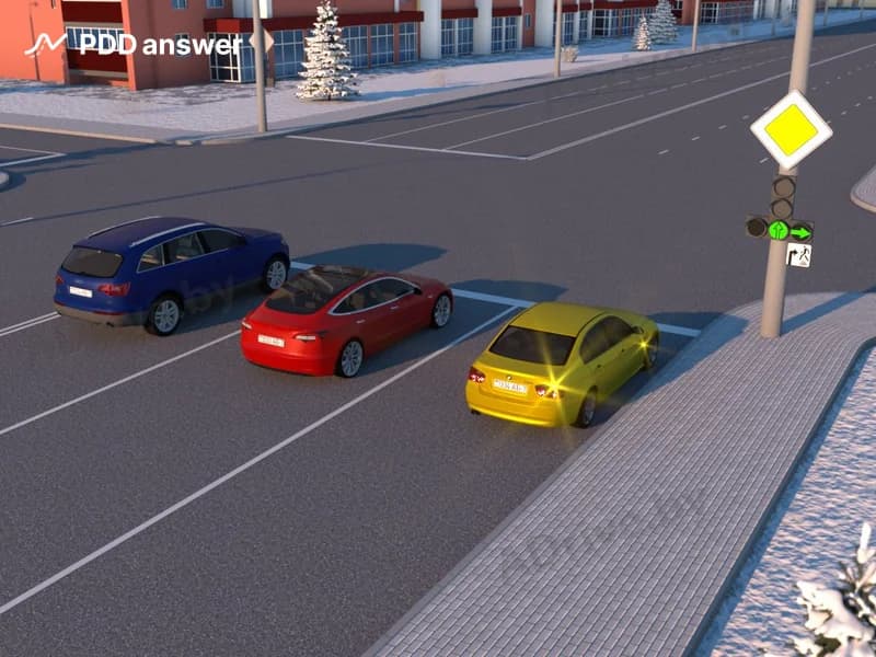 Какие из легковых автомобилей могут продолжить движение через перекрёсток в показанной ситуации при таком сигнале светофора?