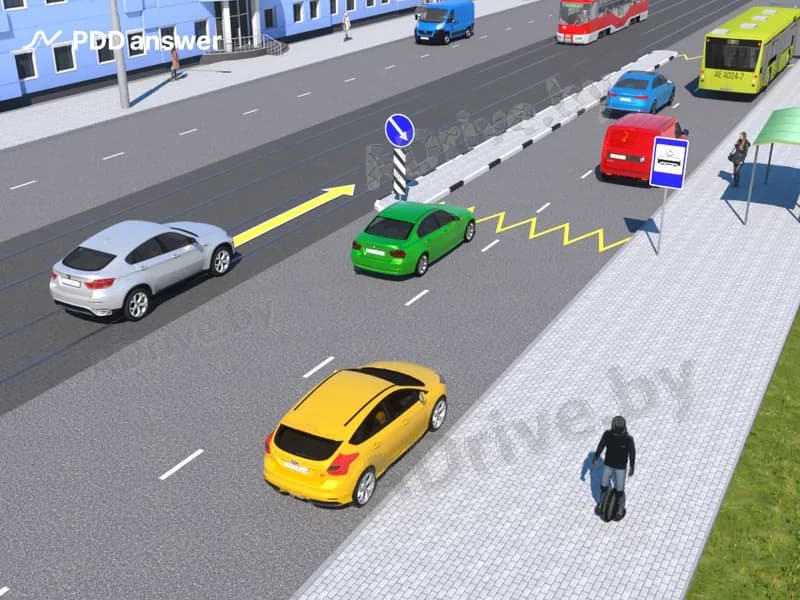 Разрешается ли водителю белого автомобиля продолжить движение по трамвайным путям попутного направления в показанной ситуации?