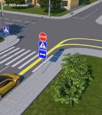 По какой из указанных траекторий водитель жёлтого автомобиля осуществит поворот направо в соответствии с Правилами дорожного движения?