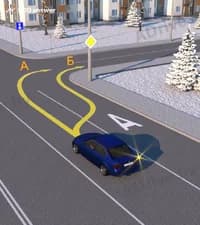 По какой из указанных траекторий водителю синего автомобиля разрешено повернуть направо?