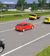 В каком случае водителю красного автомобиля разрешается перестроиться на правую полосу движения, если полосы движения равномерно заняты движущимися транспортными средствами?