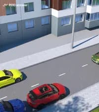 Водитель зелёного автомобиля намерен поставить автомобиль на стоянку, выполнив диагональную парковку задним ходом. В зеркало заднего вида он замечает автомобиль-такси, который движется, заняв крайнее левое положение в левой полосе, не снижая скорости. Как следует поступить водителю зелёного автомобиля?