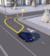 По какой из указанных траекторий водителю синего автомобиля разрешено повернуть направо?