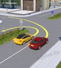 Разрешено ли водителю красного автомобиля повернуть налево так, как показано на рисунке?