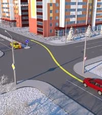 Должен ли водитель красного автомобиля при движении через перекрёсток по указанной траектории подавать сигнал световыми указателями правого поворота?