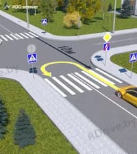 Нарушит ли Правила дорожного движения водитель жёлтого автомобиля, выполнив разворот по траектории, показанной на рисунке?