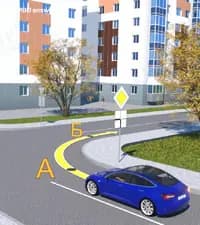 В какой точке водитель синего легкового автомобиля должен выключить световой указатель поворота в показанной ситуации?